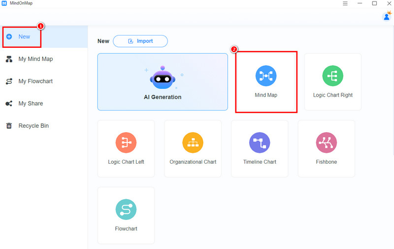 Nieuwe knop Tik op Mindmap Mindonmap