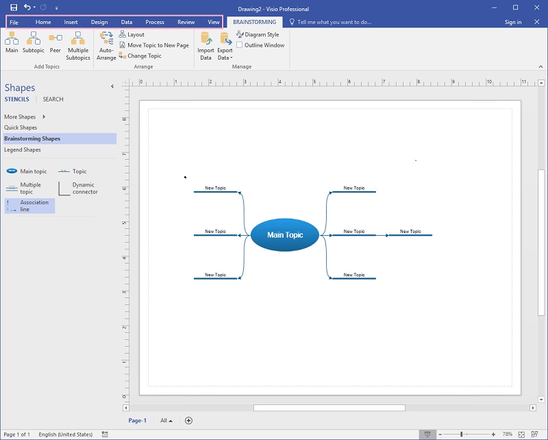 Utwórz mapę myśli w programie Visio Design