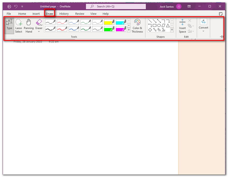 OneNote 绘图选项卡