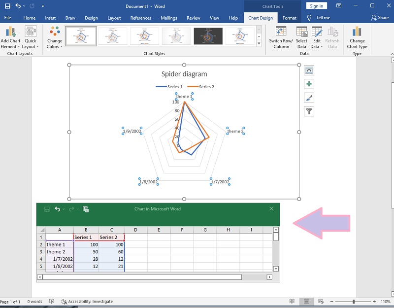 רדאר דיאגרמת עכביש Word Excel