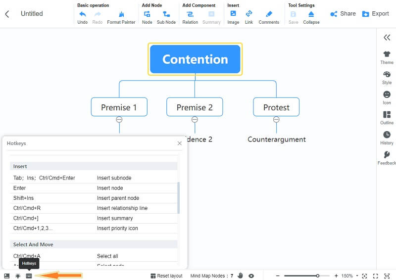 Argument MindOnMap Raccourcis clavier