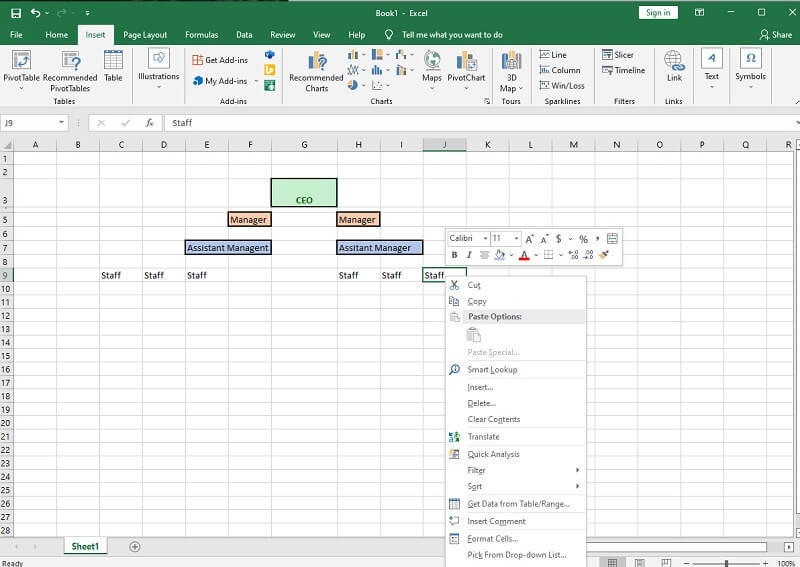 Celda de Excel del organigrama de la empresa