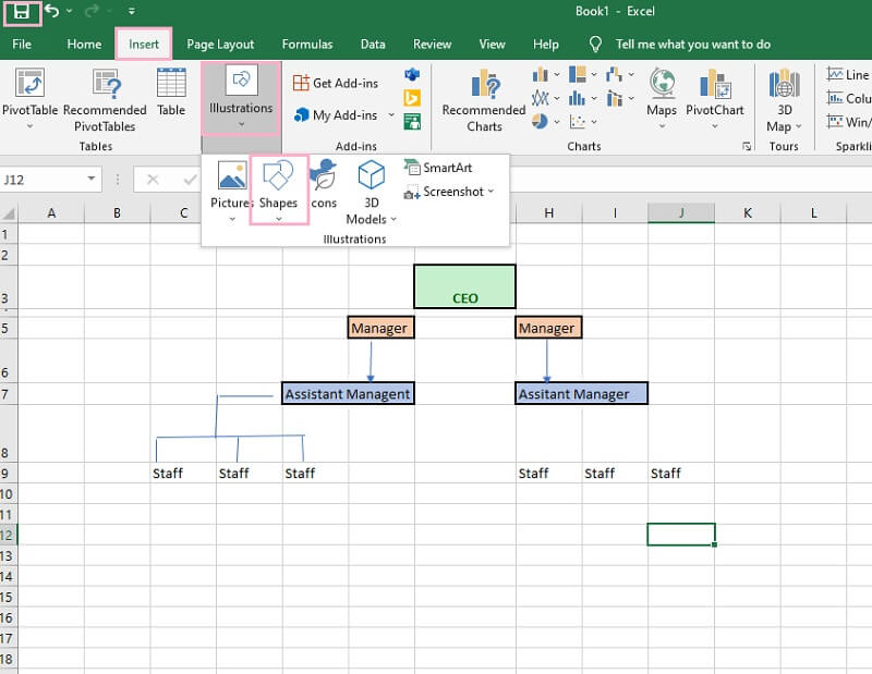 Организациска табела на компанијата Excel Save