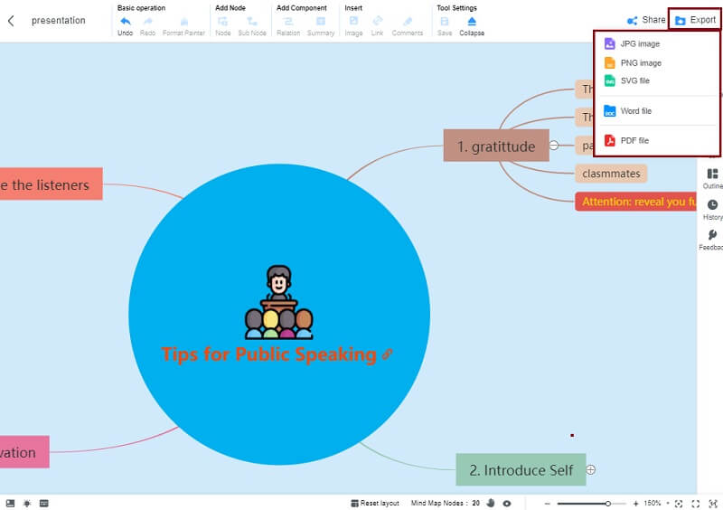 Prezentácia myšlienkovej mapy Export MindOnMap