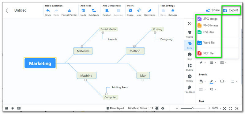 Bouton d'exportation MindOnMap