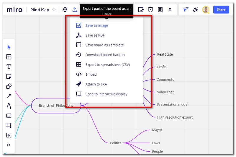 Miro MindMap Газрын зургийг хадгалах