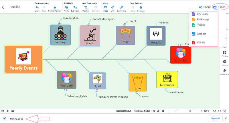 Timeline Word Mind Map Export