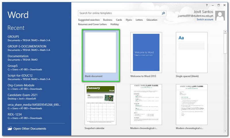 Word の白紙の文書