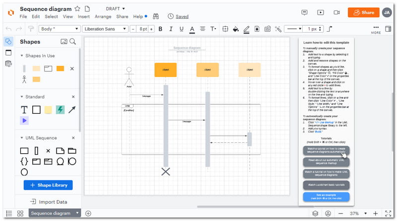 Začiatok sekvenčného diagramu Lucidchart