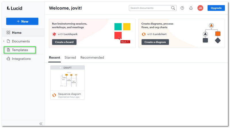 Кнопка шаблонів Lucidchart