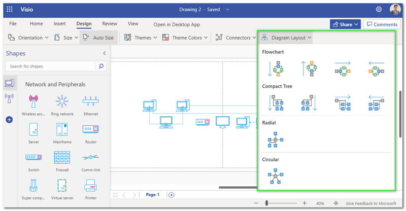 Layout de design de diagrama de rede básico do Visio