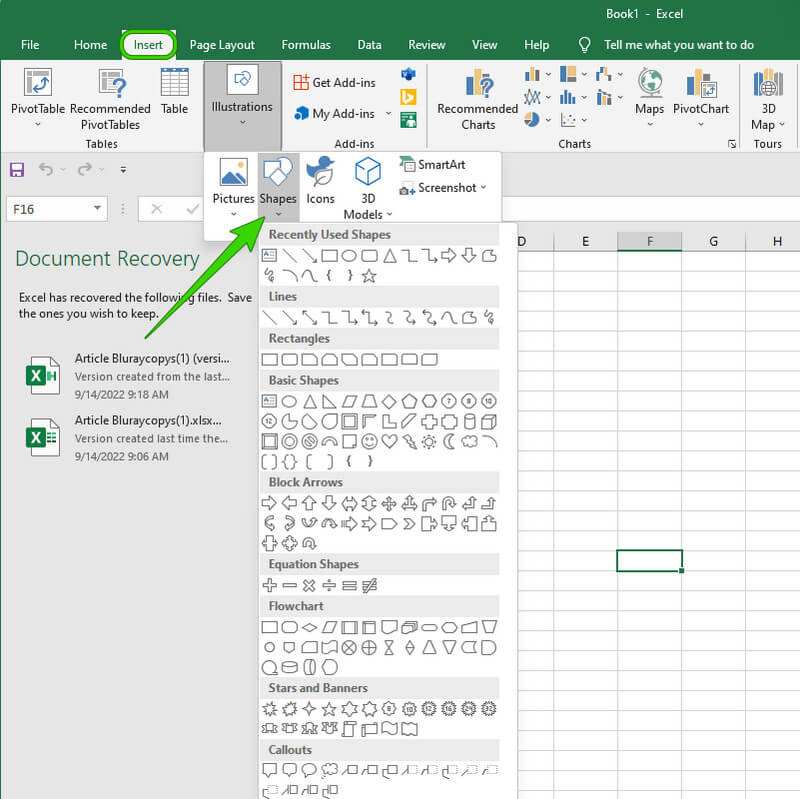 Доступ к фигурам Excel