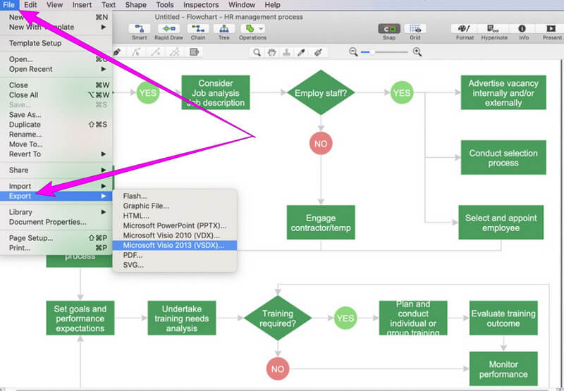 Visio निर्यात चयन