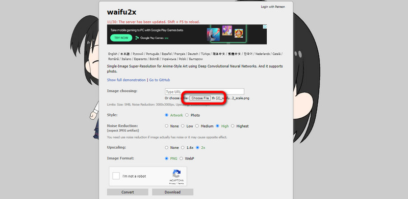 Waifu2x Wählen Sie Datei