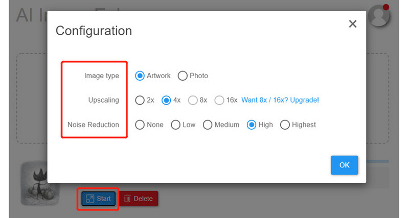 Configuració BigJPG en línia D'acord