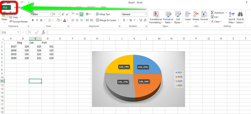 Saglabājiet sektoru diagrammu Excel