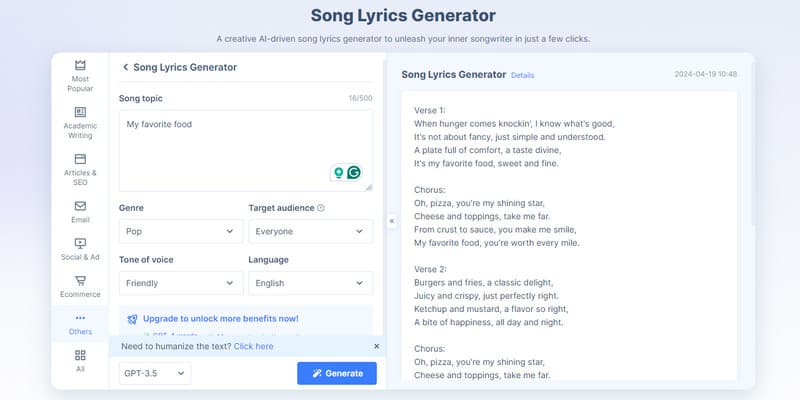 Hix AI Lyrics Generator